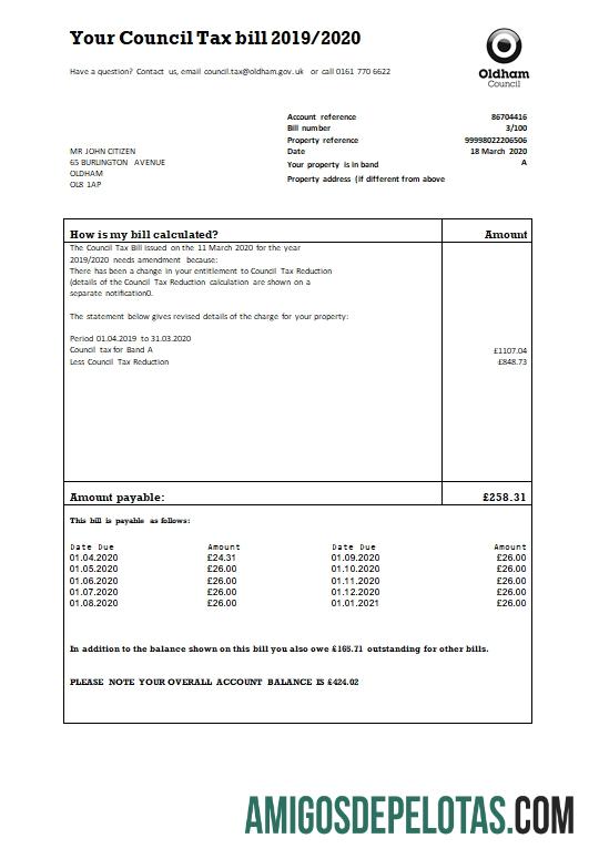 Em branco modelo de lei de imposto municipal Oldham do Reino Unido em formato Word e PDF